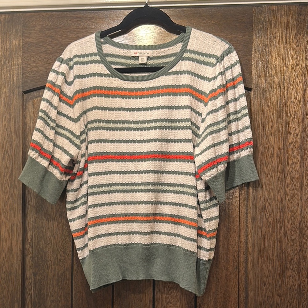 Liz Claiborne Crew Neck Sweater Green and Orange Stripes